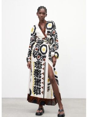 Zara Black Brown White Floral-Print Wrap Dress